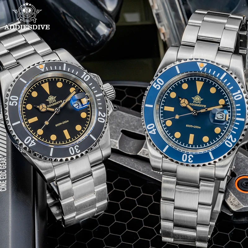 ADDIESDIVE Kalender-Quarzuhr für Herren, leuchtende Edelstahl-Armbanduhr mit Keramiklünette, 200 m wasserdicht, analoge Tauchuhren