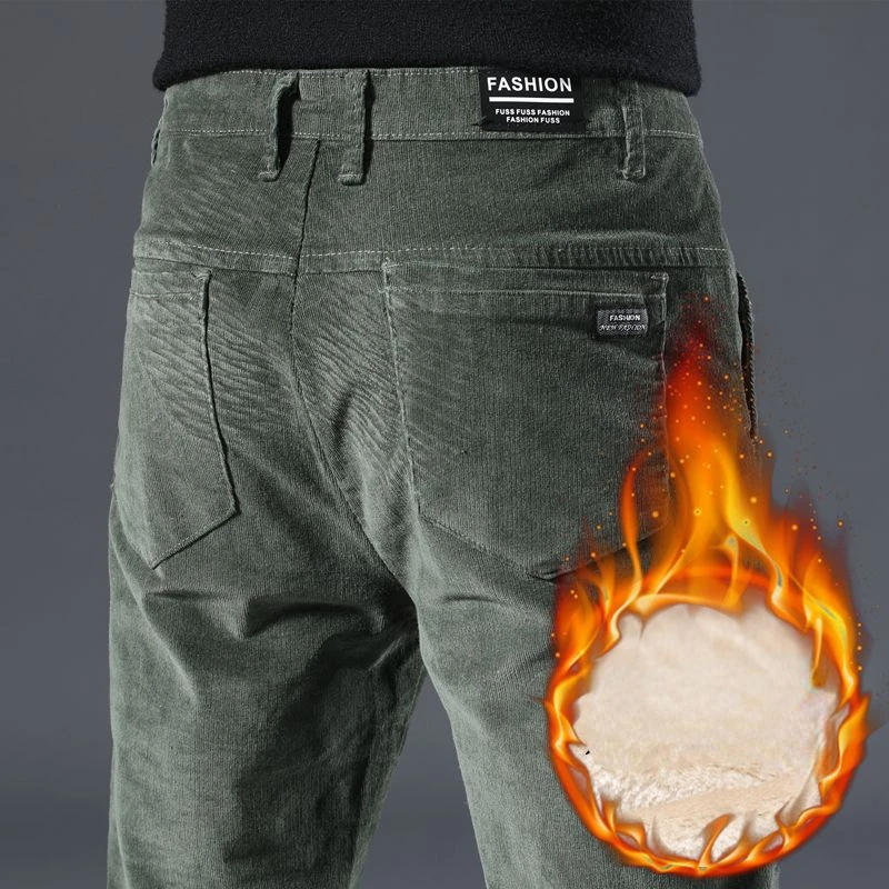 Men Black Pants Fleece Casual Trouser Man Adult Clothing Stretch Straight Loose Office Thickened Warm Solid Autumn Winter New