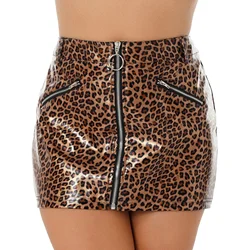 Sexy Leopard Print Patent Leather Mini Skirt Women High Waist Shiny Leather Hot Skirt Zip Slim Bodycon Fashion Clubwear Custom