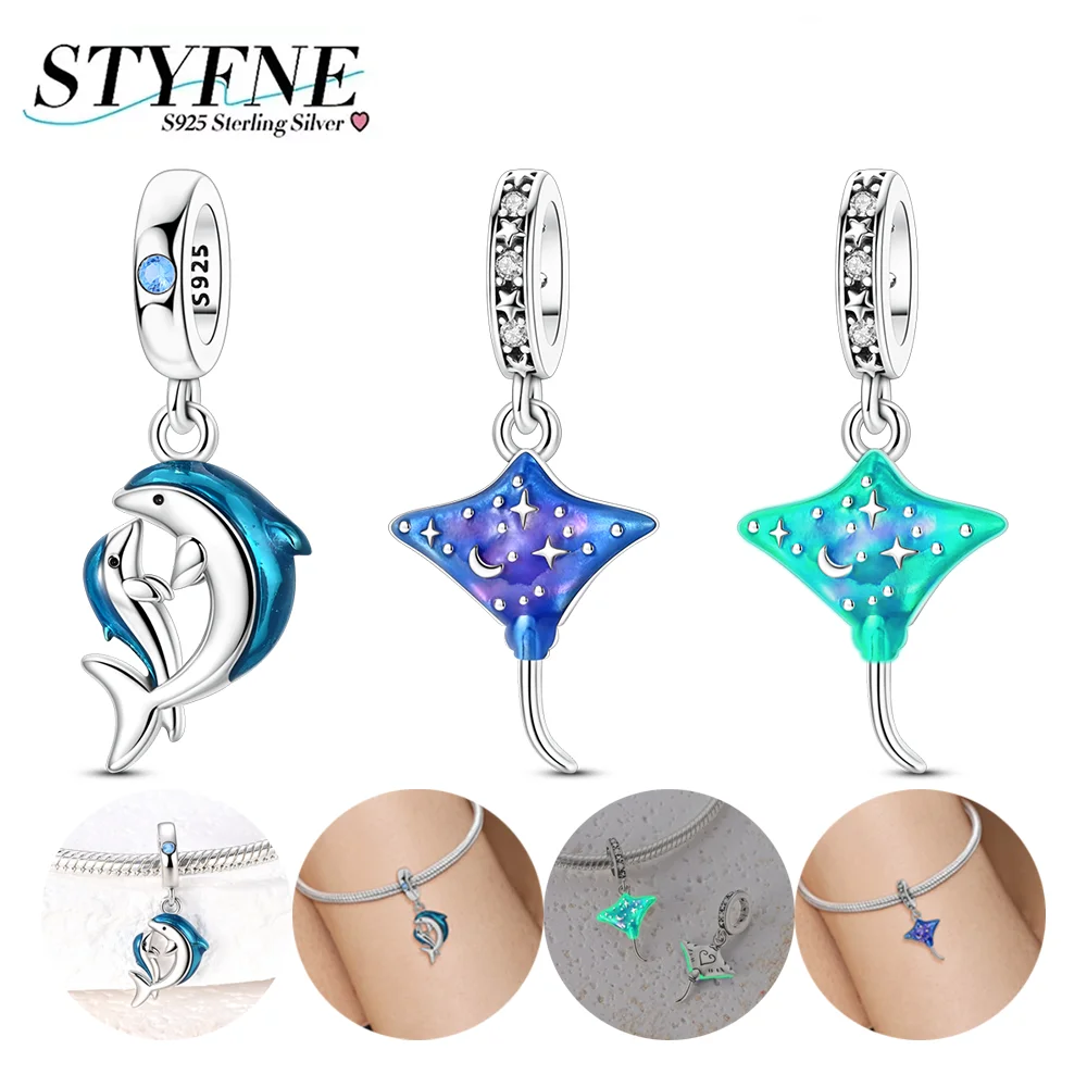 Ocean Charms 925 Silver Parent-child Dolphin Luminous Devil Fish Beads Pendants Fit DIY Bracelets Bag Keychain Necklace Jewelry