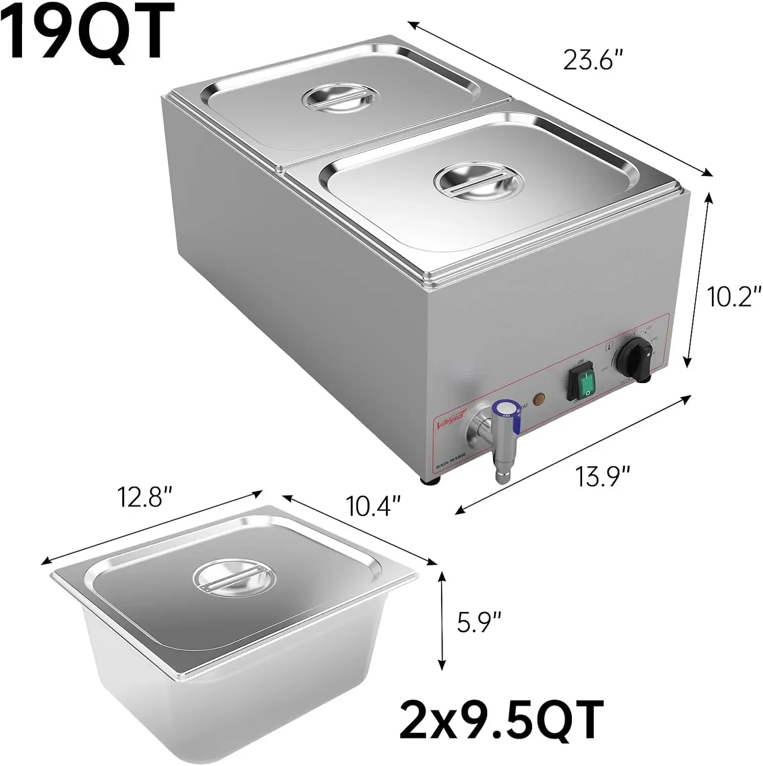 สแตนเลสเกรดเชิงพาณิชย์ 2 ส่วน 19 Qt Bain Marie บุฟเฟ่ต์อุ่นอาหารโต๊ะไอน้ําพร้อมระบบควบคุมอุณหภูมิ ฝาปิด และ Wa