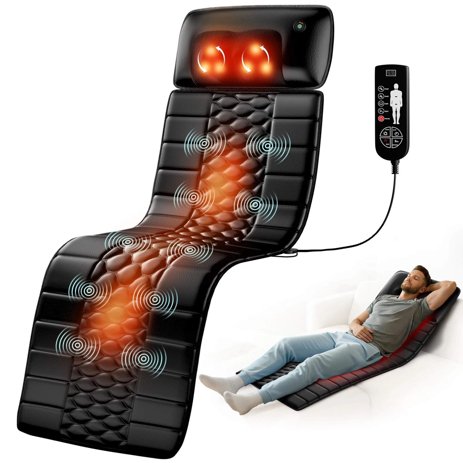 

Shiatsu Full Body Massage Mat with Heat, Detachable Massager Pad, 10 Vibrating Motors, 9 Intensity Levels, Relax at Home Office