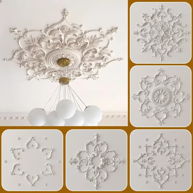 Ceiling Decoration French PU Light Parquet Chandelier Lamp Holder Imitation Gypsum Light Panel Relief Roof Ceiling Top Flower