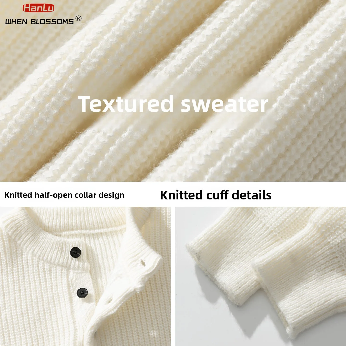 HANLU 2025 Men's Vintage Henley Neck Knit Sweater Heavyweight Textured Pullover Winter Thermal Crewneck Top