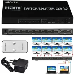 3D 4K 2x8 HDMI 스위치 분배기 2x2 2x4 비디오 컨버터 2 In 8 Out for PS4 DVD 카메라 노트북 PC 2 3 4 5 6 7 8 멀티 TV 모니터