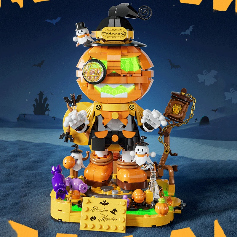 

795 шт. MOC Хэллоуин тыква эльф набор строительных блоков DIY вращающаяся фигурка с изменением лица идея светодиодные игрушки детский подарок на Хэллоуин