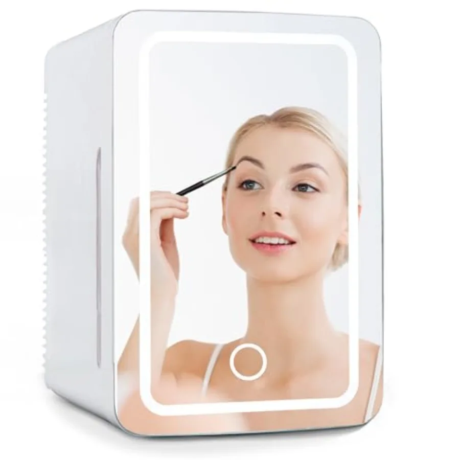 Skincare Fridge with Mirror Door LED Light Cool and Warm Makeup Vanity Refrigerator for Cosmetic Drinks Compact Design