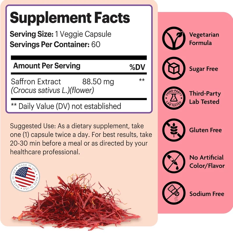 Saffron extract (88.5 milligrams) - enhances energy,enhances mood, and supports the eyes with 60 capsules for both men and women