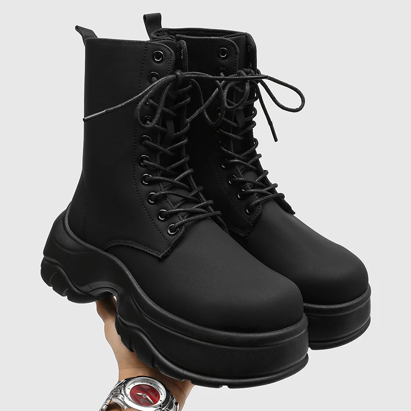 

Men Dress Shoes Thick Soled Leather Boots Lace Up Business Men Shoes Platform Oxford Shoes Moccasin Black High-top Casual Shoes