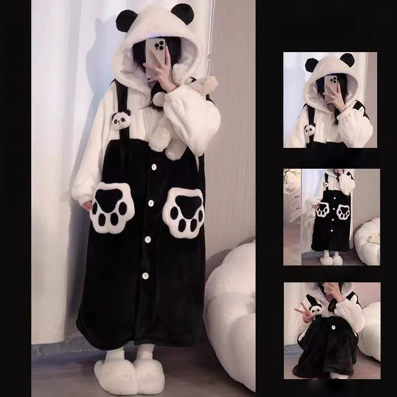 Cute Panda Cartoon Hooded Sleepwear 2025 Winter New Thick Coral Fleece Women's Home Wear