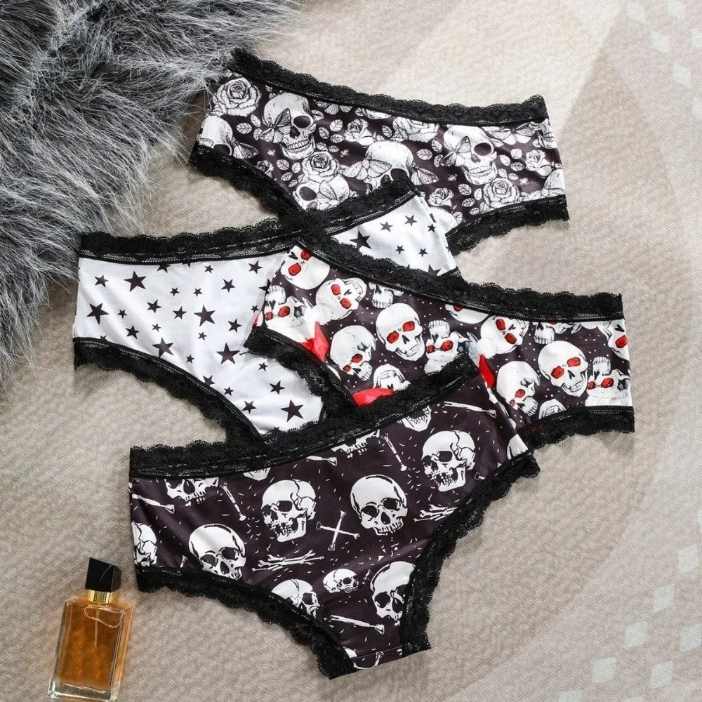 Mid Waist Women's Panties Gothic Style Flower Butterfly Skeleton Briefs Halloween Skull Star Lace Triangle Underwear Christmas