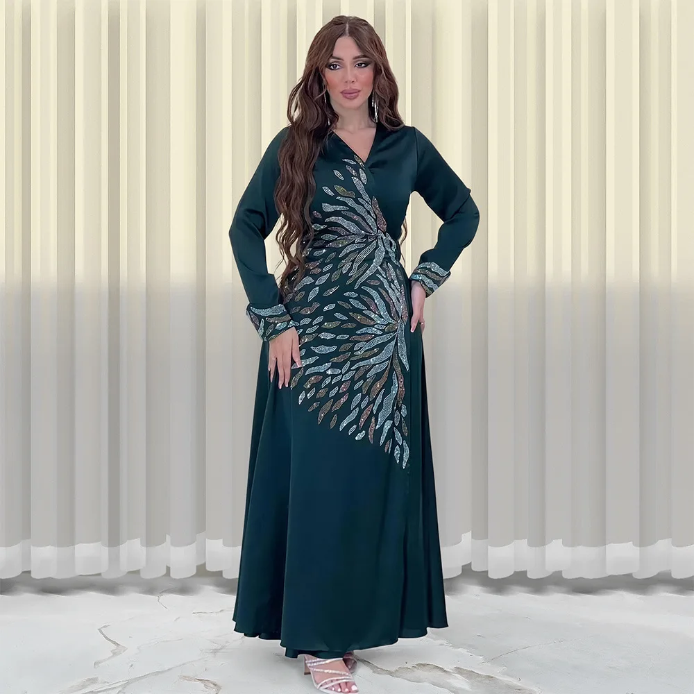 Eid Morocco Party Dress Women Muslim Abaya Satin Diamond Wrap Dress Ramadan Dubai Abaya Kaftan Elegant Robe Vestidos Turkey Gown