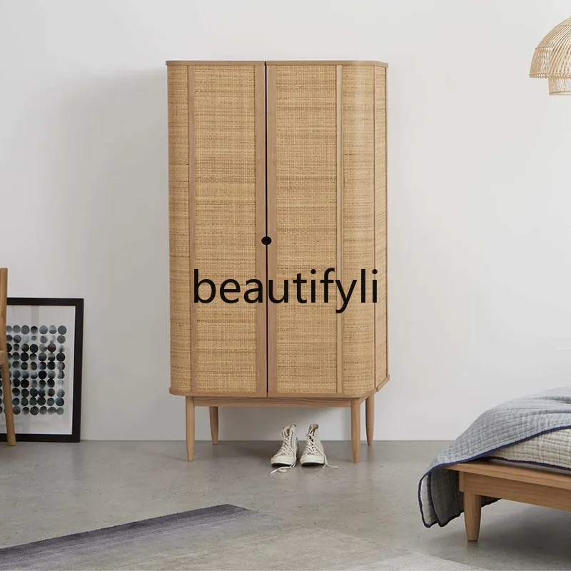 

American retro wardrobe rattan solid wood wardrobe bedroom double door log locker