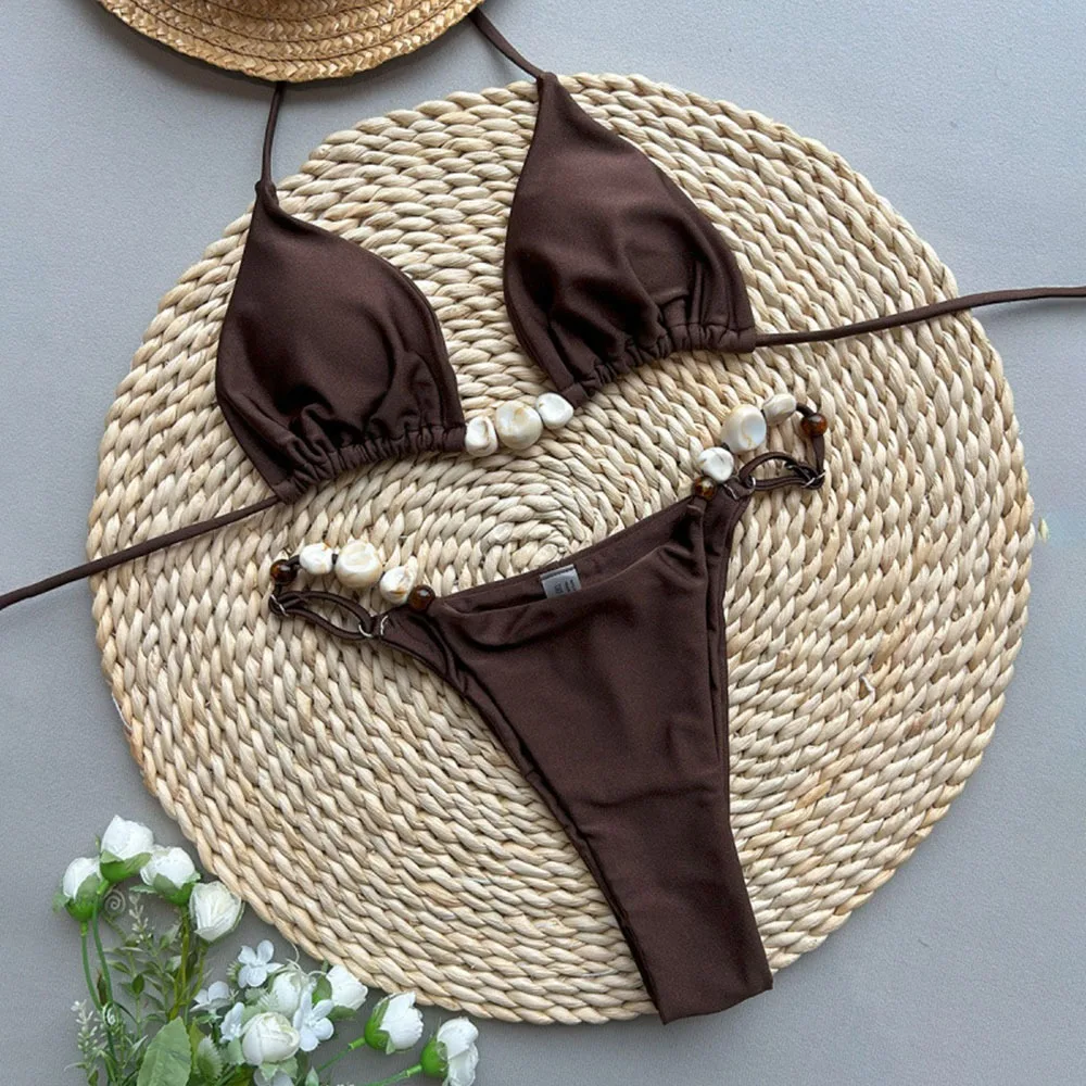 

2Pcs/Set Fashion Summer Beach Bikini Halter Triangle Bead String Bikini Set Bathing Suit Casual Swimwear Beach