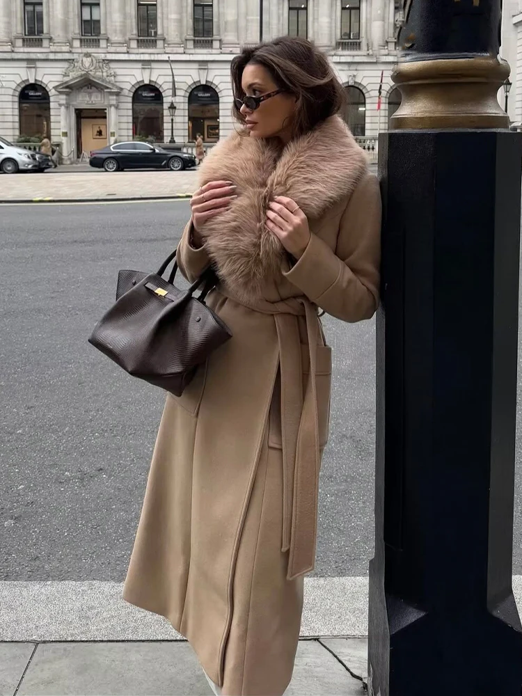 HH Women Autumn Winter New Large Wool Collar Long Woolen Coat Jacket Female Double Pocket Lace-up Casual Temperament Outwear