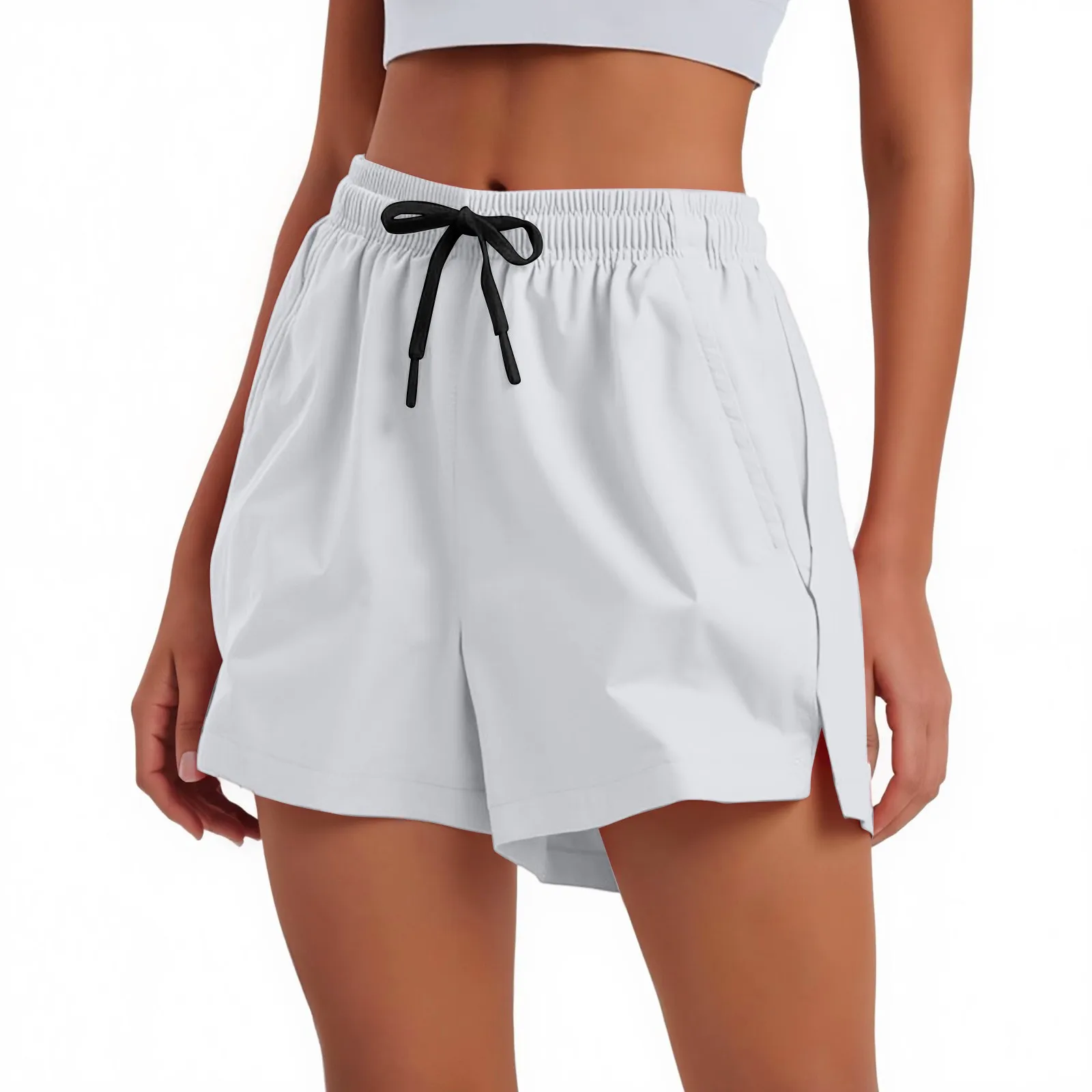 شورت نسائي كاجوال عالي الخصر برباط بلون سادة شورت صيفي رياضي خارجي شورت سريع الجفاف وجيد التهوية