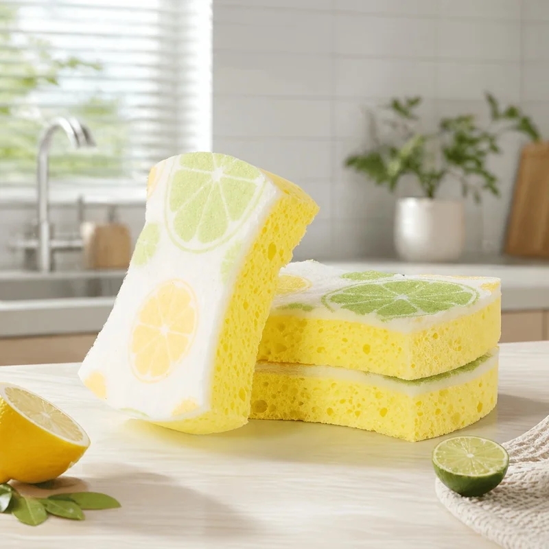 Kitchen Waist Wood Pulp Cotton Scouring Pad Lemon Pattern Double-Layer Dishwashing Sponge Wipe