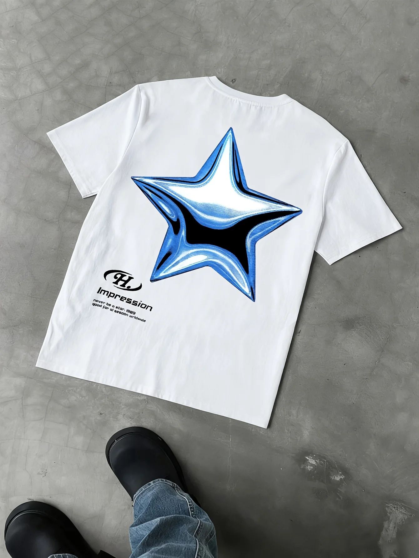 Metallic Blue 3D Star Printed Mens Tee Soft Pure Urban Street Trend Korean Casual Summer Daily Short Sleeve Tops