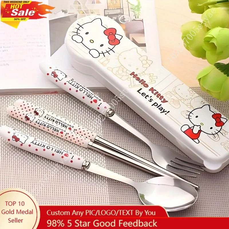 3pcs Set of Hello Kitty Stainless Steel Travel Cutlery Food Grade Portable Cutlery with Fork Spoon Chopsticks Box Small