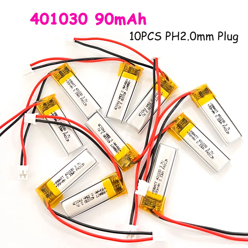 10 Stück 401030 90mAh 3,7V Lipo-Akku Lithium-Ionen-Polymer-Batterien PH2.0 Stecker für Bluetooth-Headset Lautsprecher Schönheitsinstrument
