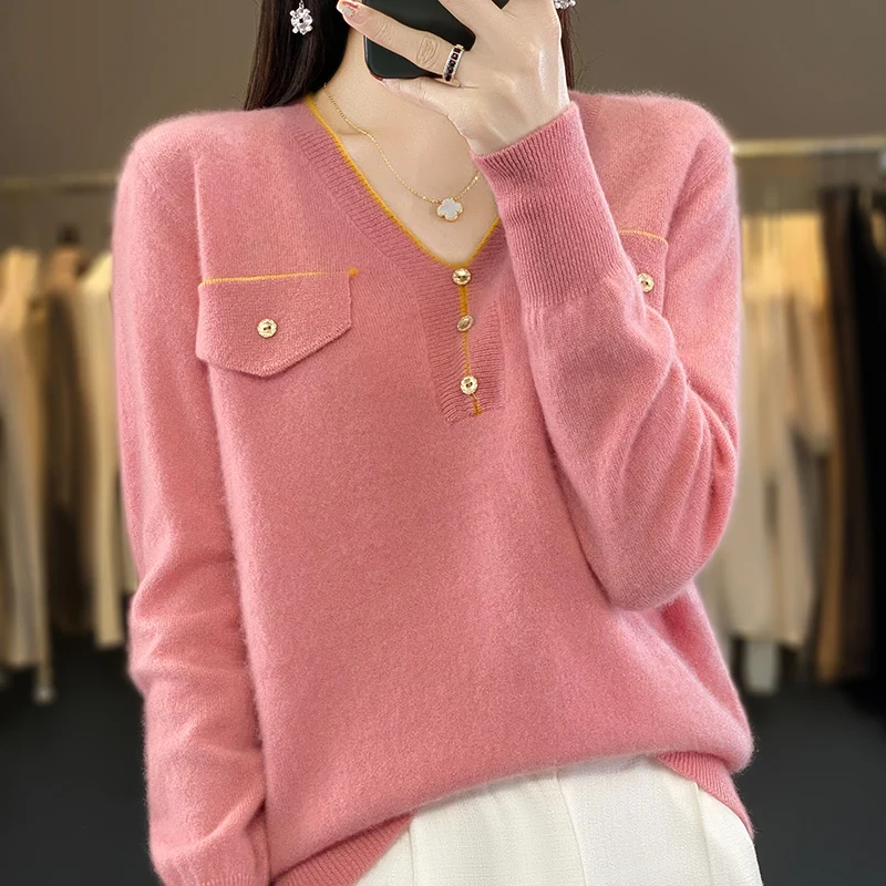 

Autumn Winter 100% Merino Wool Sweater V-Neck Long Sleeves Solid Color Pullover Cashmere Classic Design Sense Clothing Top