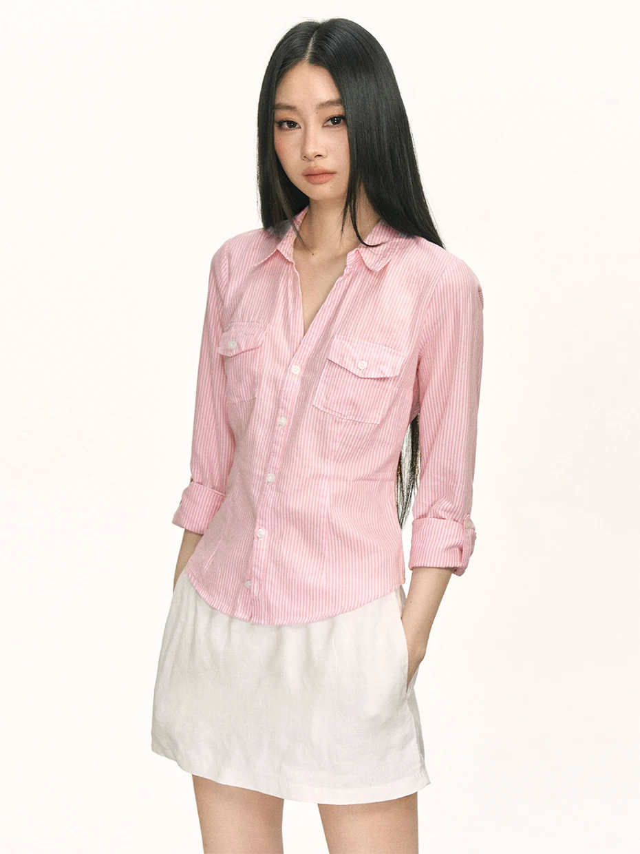 

Pink Striped Casual Long Sleeve Work Shirt Women Summer Thin Unique Beautiful Waist Cinched Commute Five Sleeve Top