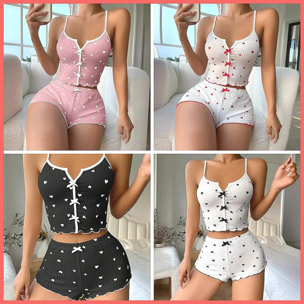 

Женский летний пижамный комплект - топ без рукавов и шорты, мягкая домашняя одежда с принтом в виде сердечек