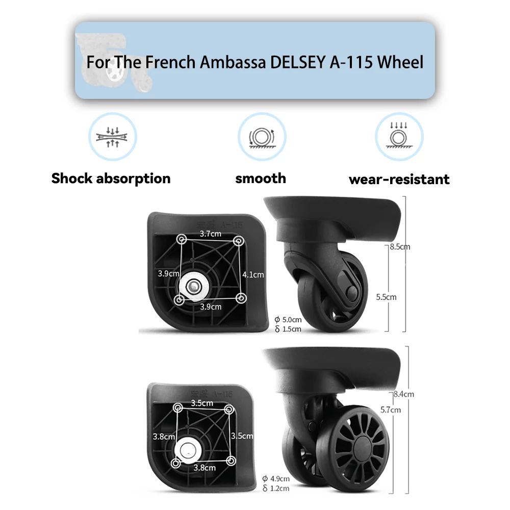 For The French Ambassa DELSEY A-115 Universal Wheel Black Replacement Suitcase Silent Smooth Shock Absorbing Rotating Wheel