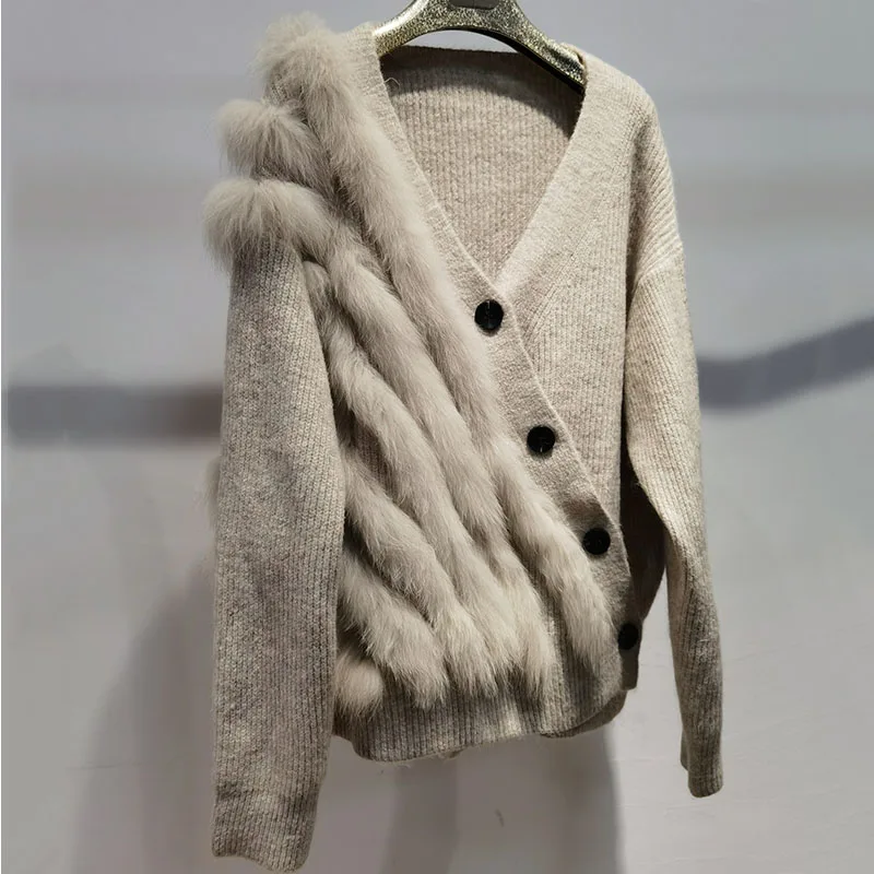 Women Spring Loose Knitted Cardigans With Real Fox Fur Stripe Warm Long Sleeve Female Sweater coat Long Sleeve Fashion outwear