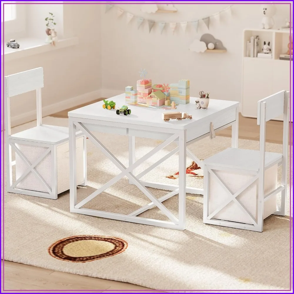 Kids Table and 2 Chairs Set, 4-in-1 Activity Table with Storage, for Crafts, Drawing, Reading