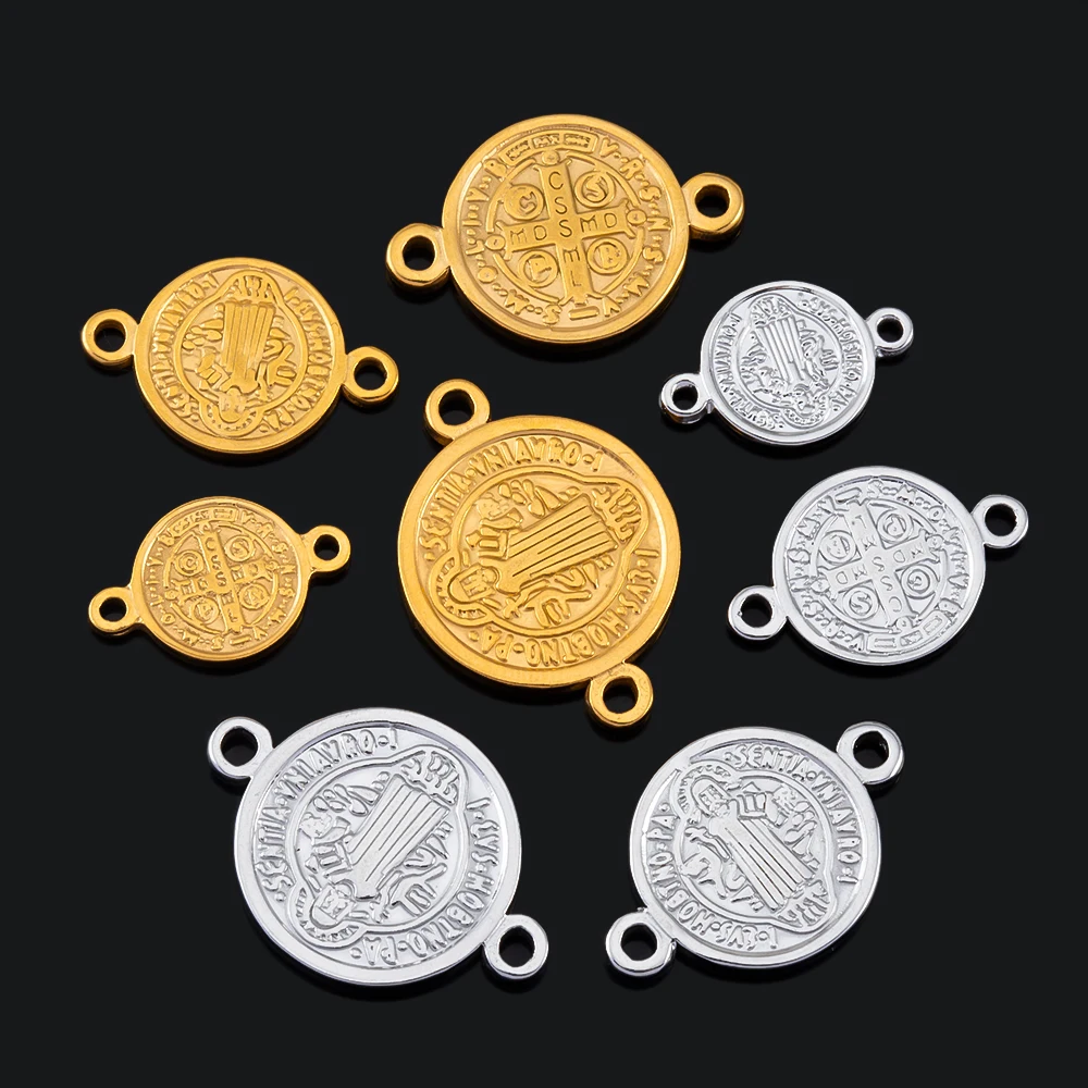 

5pcs Stainless Steel Coin Catholic Church Round Pendant Cross Charms DIY Necklace Bracelet Connector Religious Jewelry Making