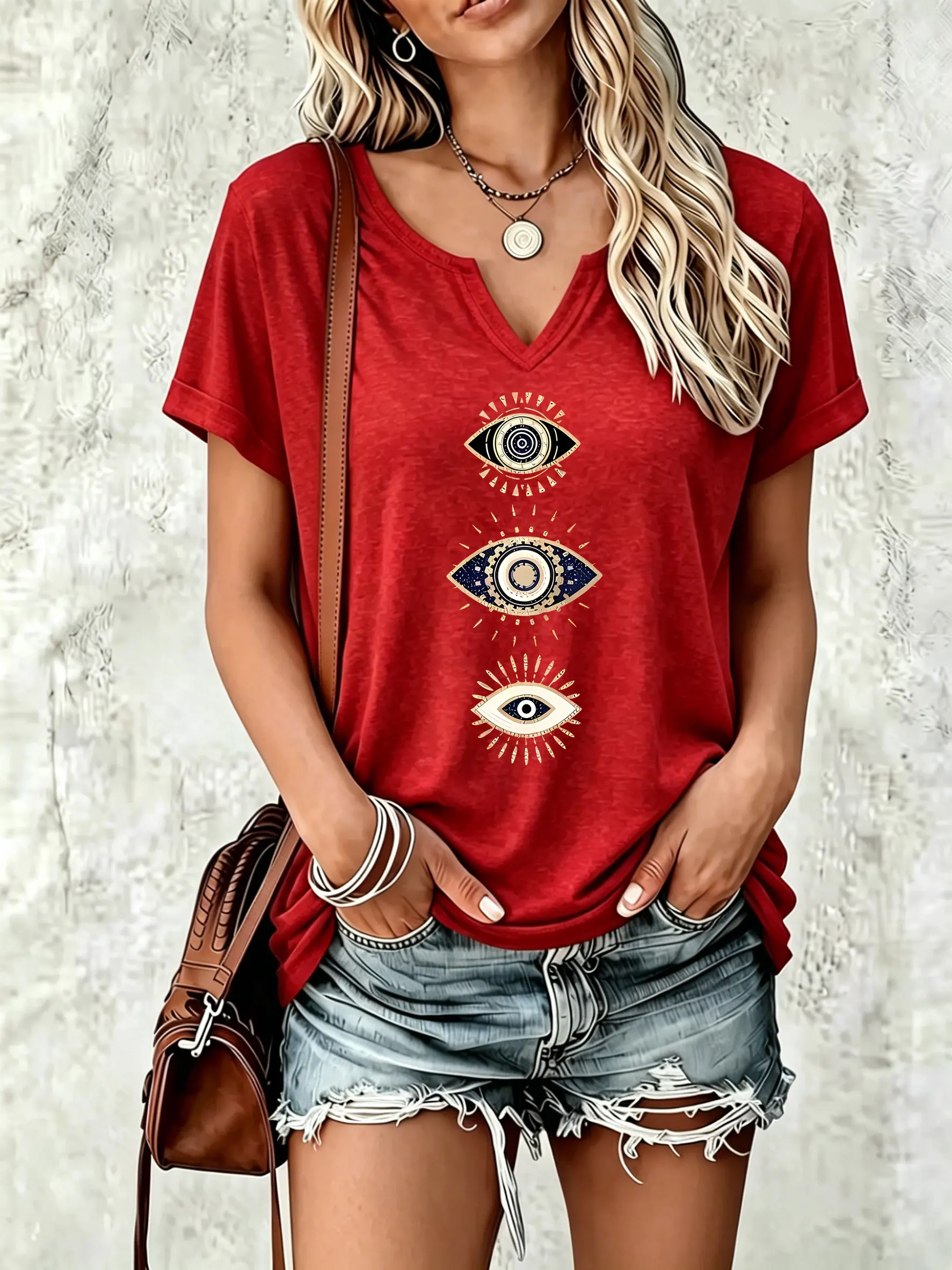 Damen-T-Shirt mit V-Ausschnitt und kurzen Ärmeln für den Sommer, Triple Evil Eye Bohemian Mystic Graphic Print, lässiges, tägliches T-Shirt im Boho-Stil – Detail 7