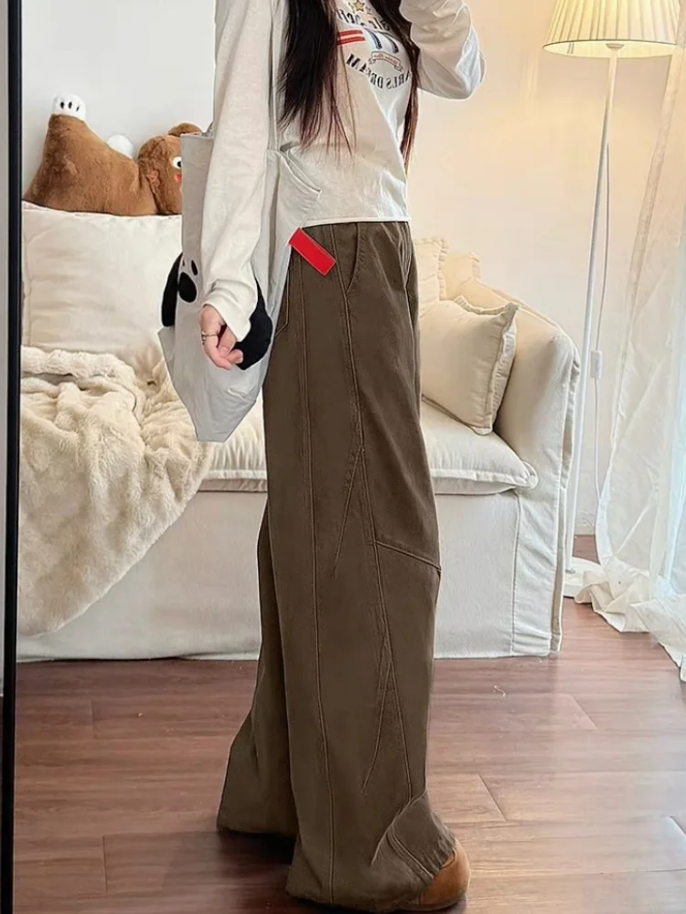 American Style Wide Leg Denim Jeans Women Winter New Loose plus Size Straight Cut Trousers for Pear Shaped Body Coffee Color