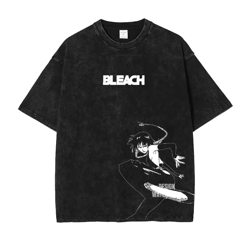 Anime B-Bleach T Shirts Vintage Washed Kurosaki Ichigo T-shirt Streetwear Manga Renji Zaraki Kenpachi Tops 100% cotton Tees Man
