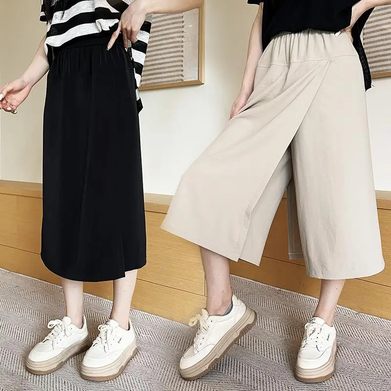 

Spring and summer casual ice silk drape wide leg skirt pants, women's loose size high waisted slit pants