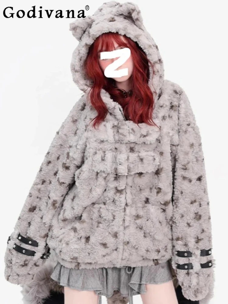 Autumn Winter Personalized Girl Versatile Loose Thickened Warm Quilted Coats Fashion Rivet Splicing Long Sleeve Hooded Jacket