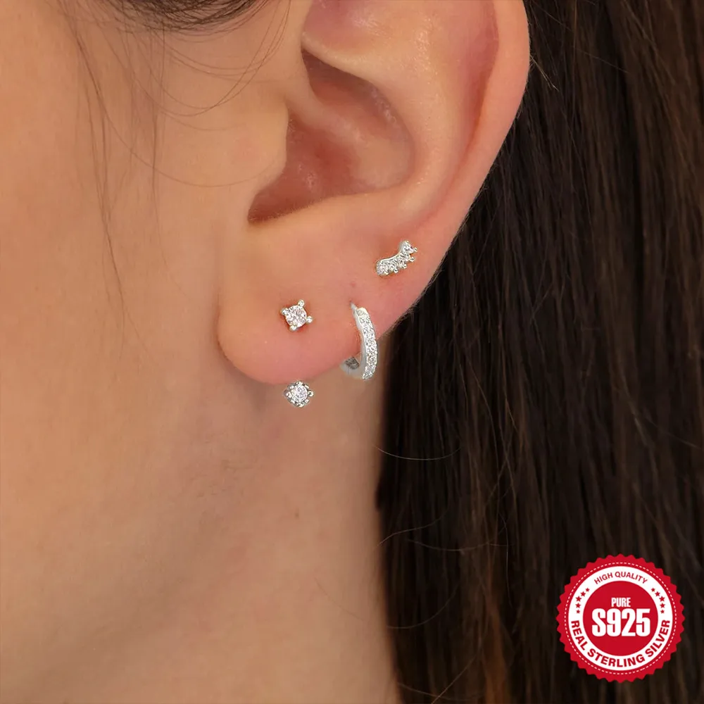 CANNER-pendientes de plata de ley S925 para hombre y mujer, Mini pendientes de remache, conjunto de pendientes de cadena larga, Piercing de perno