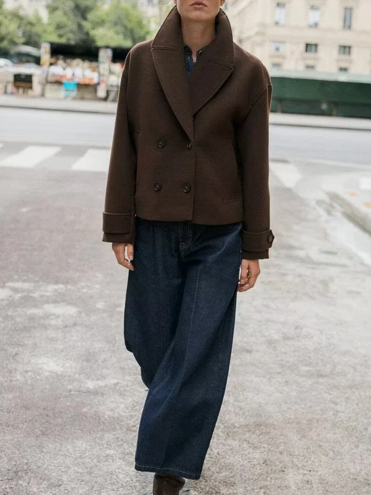 

European and American style autumn new fashion trend women's lapel long sleeve double breasted short coat jacket