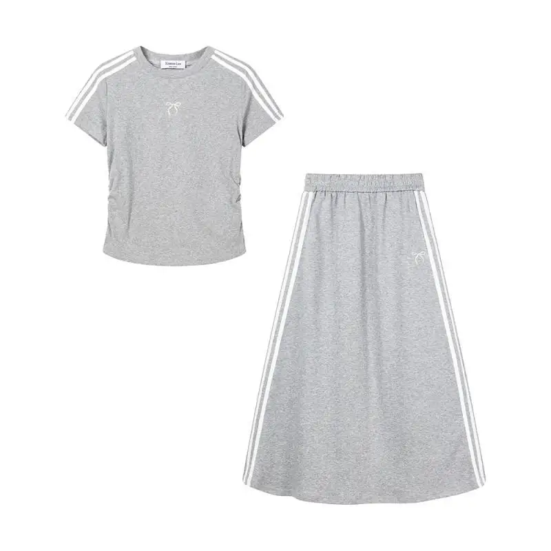 Korean Oversized Design with a Bow and Striped Short T-shirt for Women. Summer High Waisted and Sporty Half Skirt Set for Women