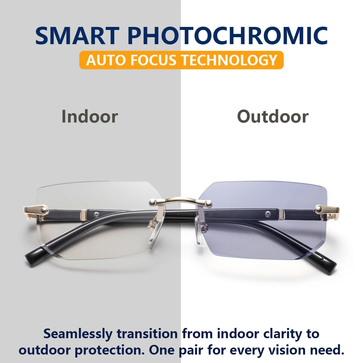 1 Pair of Men's Rectangular Metal Frameless Photochromic Glasses, Mature and Stylish for Everyday Casual Wear, Suitable for Business Meetings, Outdoor Driving, and Travel