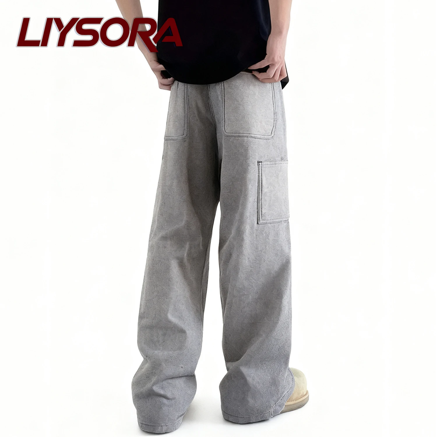 Korean Men's Retor Baggy Spliced Fabric Jeans American Street Style Multi Pocket Skateboard Pants Work Clothes Denim Pants ﻿