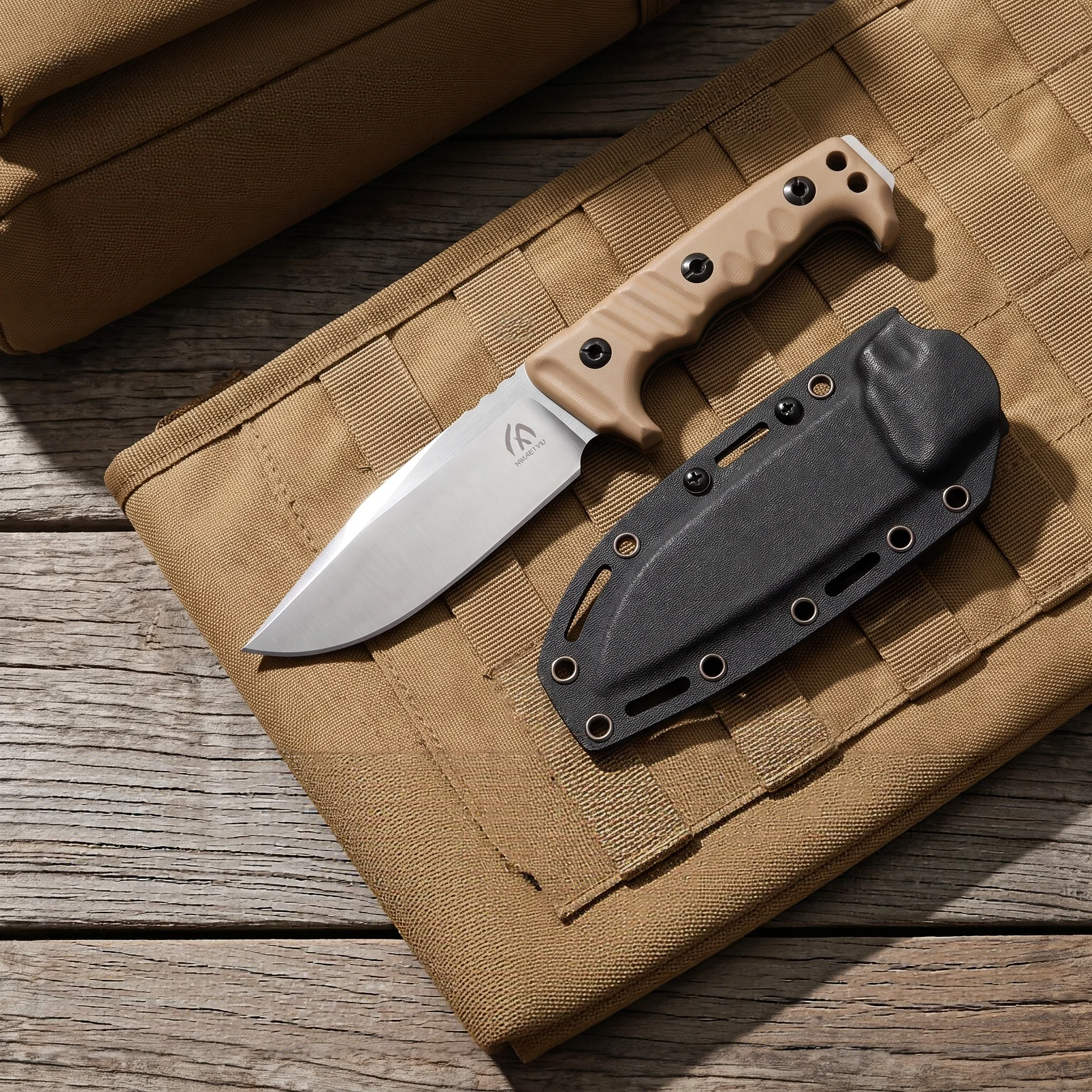 Ergonomic straight blade knife with a secure grip, featuring a storage sheath for practical use at home, camping, or field work