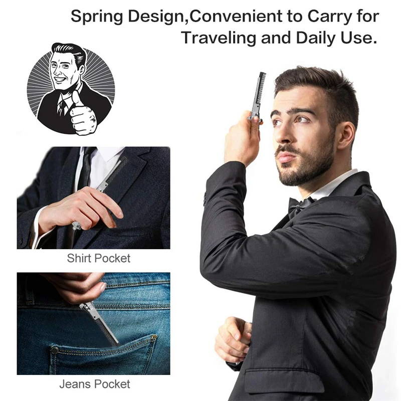 หวีเคราพับเก็บได้ทำจากสแตนเลสหวีจัดแต่งทรงผมด้ามจับยาวแบบพกพา