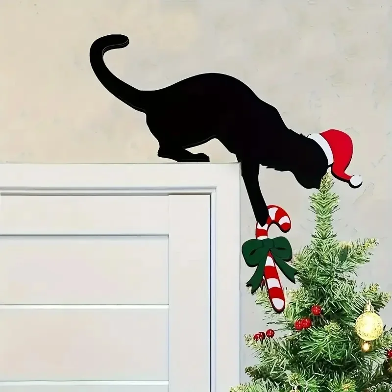 

Vintage Wood Style Fun Christmas Black Cat Door Corner Ornaments With Santa Hat & Candy Cane For Bedroom Living Room Decoration