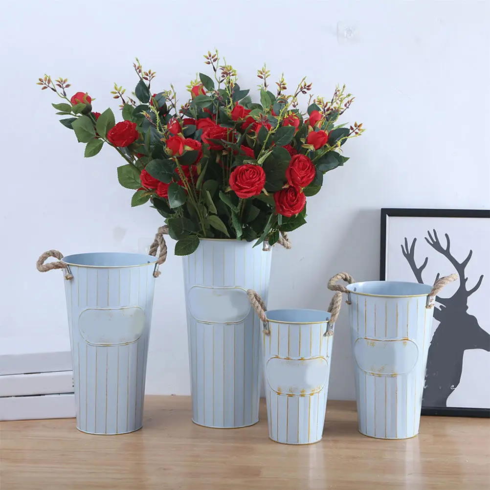40Cm Retro Blue Iron Flower Bucket Durable Home Decoration Vintage Style Decorative Metal Pot For Dried Flowers Desktop Ornament