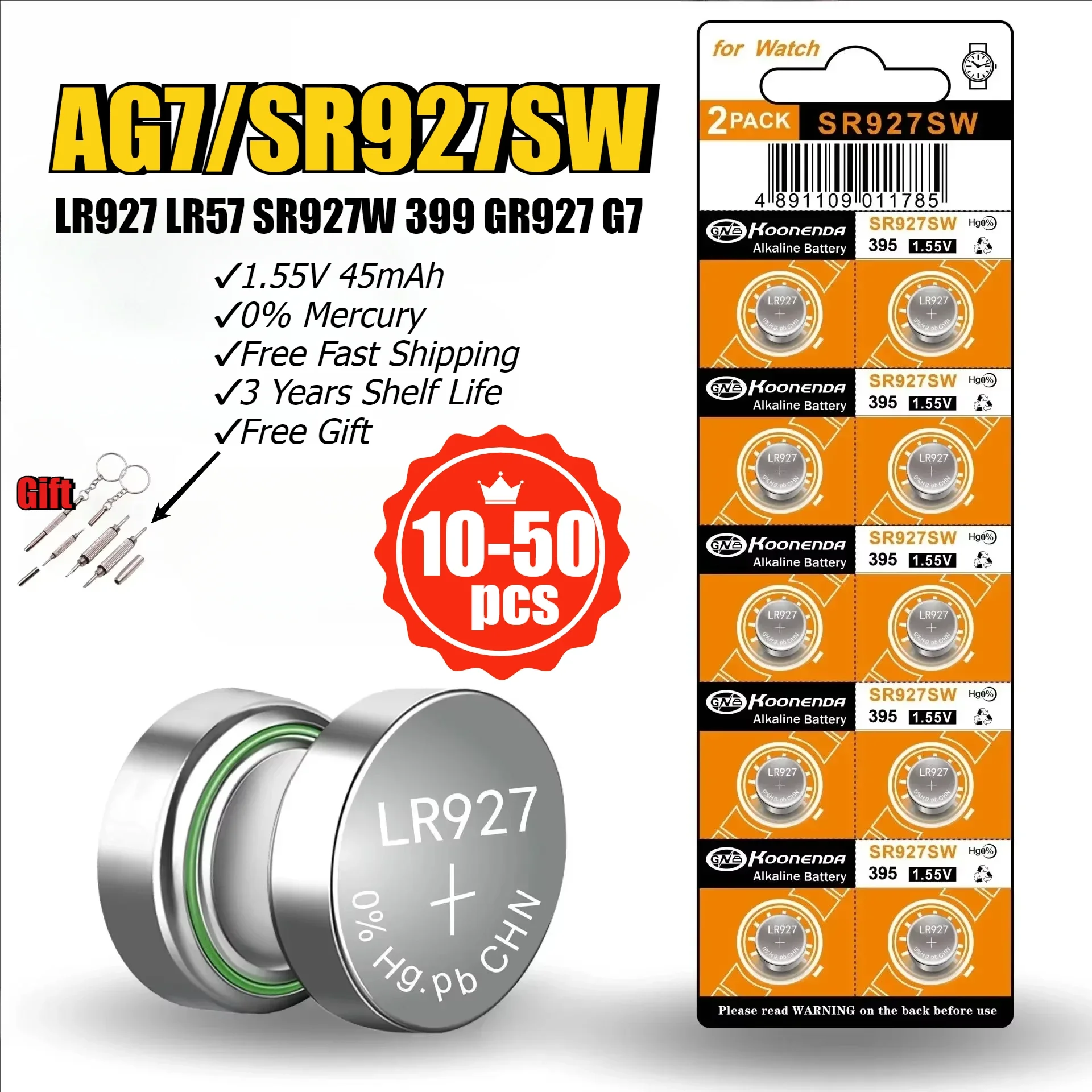 10-50pcs AG7 High Capacity Alkaline 1.5V Button Cell Battery LR927 LR57 SR927W 399 GR927 G7 Watch Toys Remotes Cameras