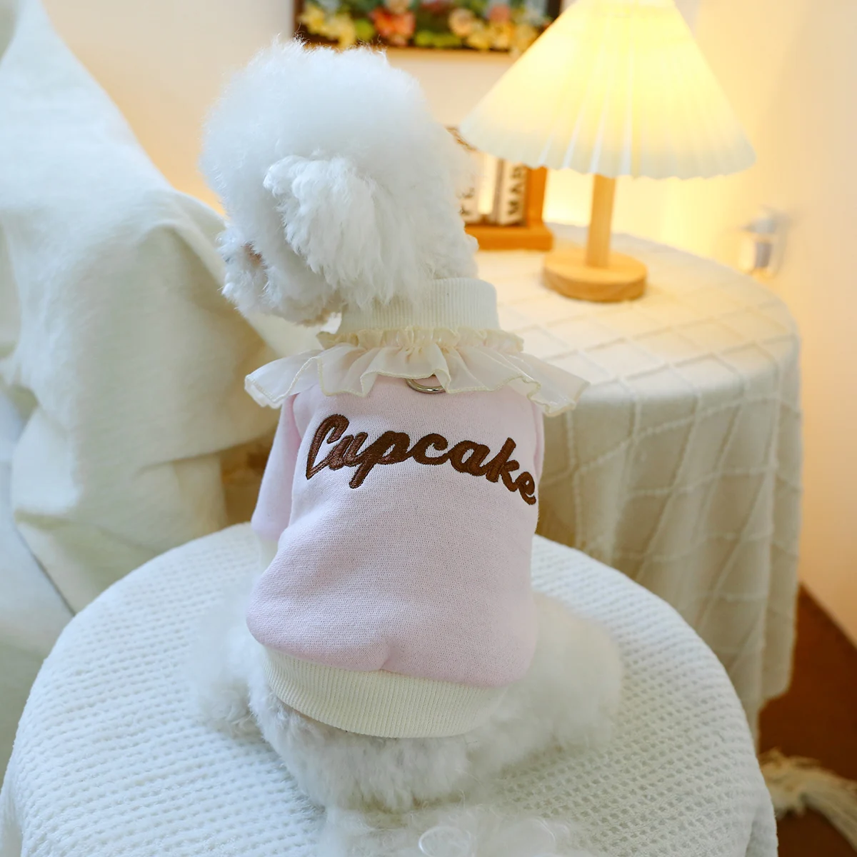 1PC Pet Clothing Cat Spring Autumn Plush Thickened Pink Cake Lace Pullover Round Neck Shirt Suitable for Small and Medium Dogs