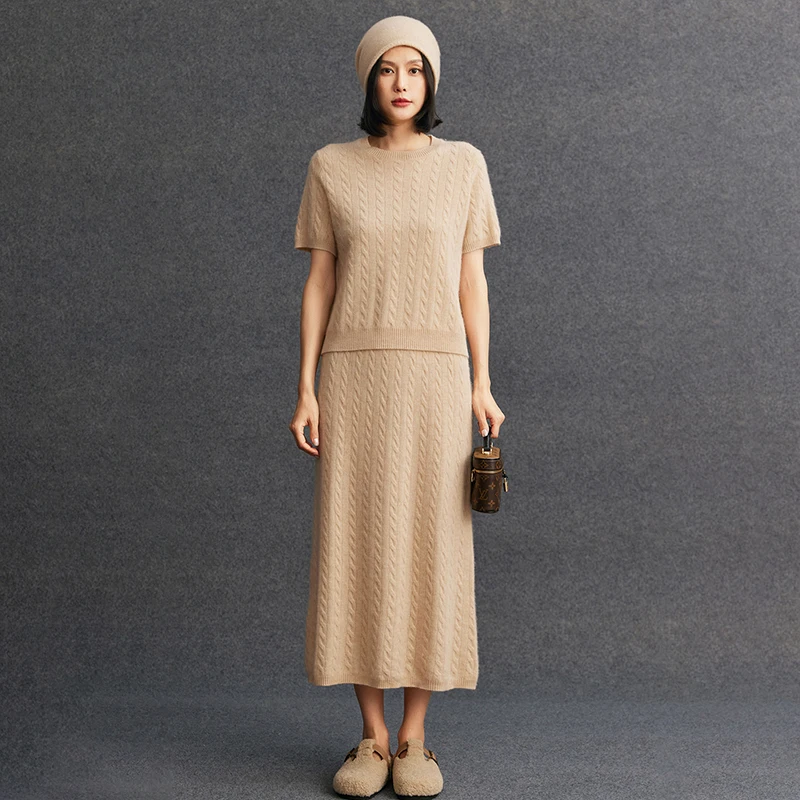 Women's Matching Set 100% Cashmere Round Neck Cardigan Casual Knit Short Sleeved Loose High Waisted Long Skirt Three Piece Set view 4