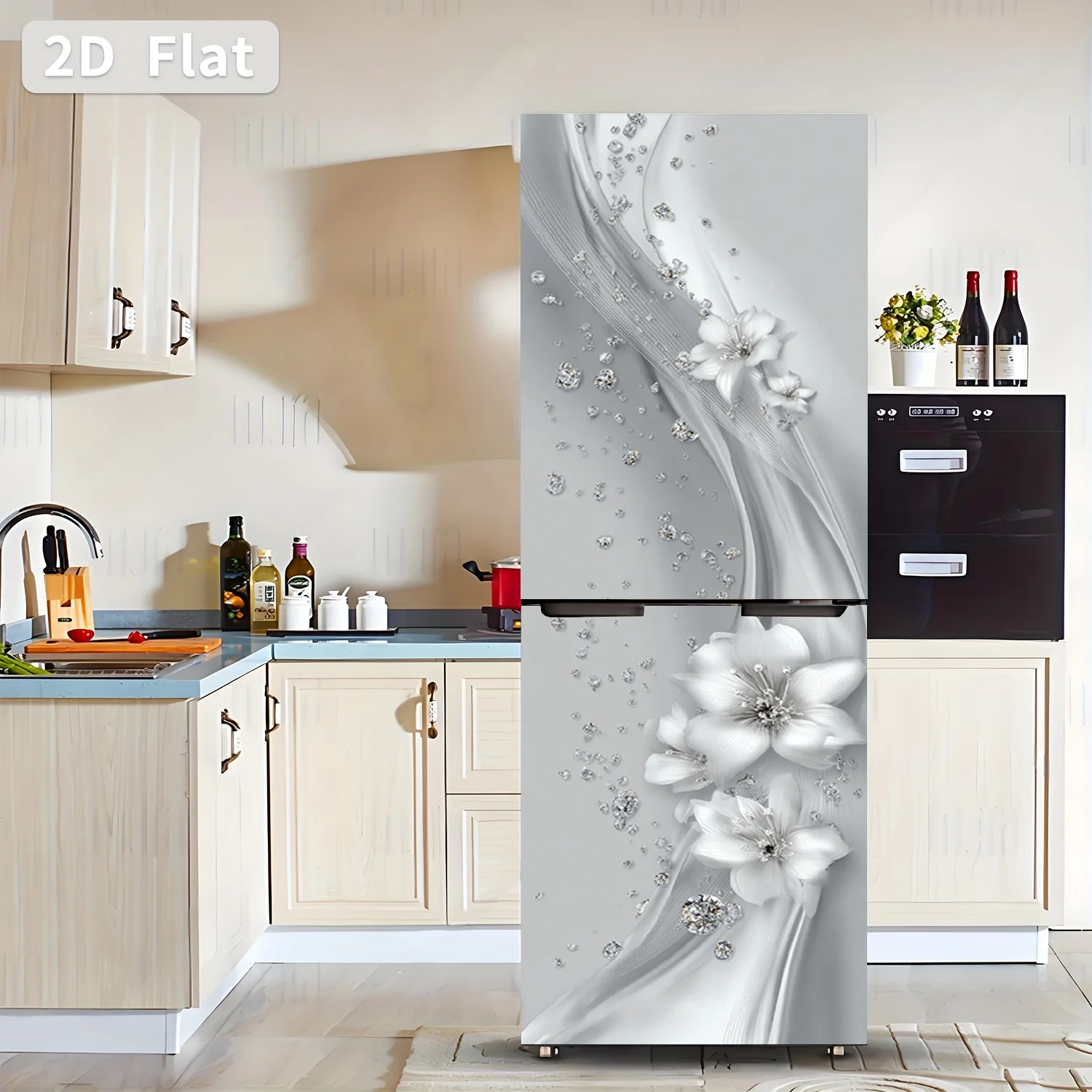 of Printed Refrigerator Sticker, Measuring 60×180 Cm, Featuring a Silver Floral Diamond Shadow Design. This Self-Adhesive Wall view 4