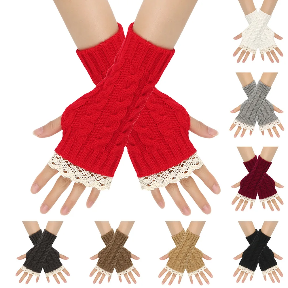 Luvas sem dedos de renda, luvas de inverno acrílicas sem dedos, luvas de meio dedo tricotadas para escrita em tempo frio, uso diário